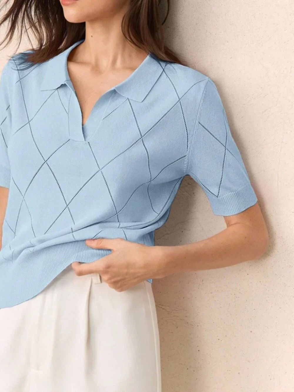 Sky Blue Knit Polo Sweater with Argyle Pointelle Detail